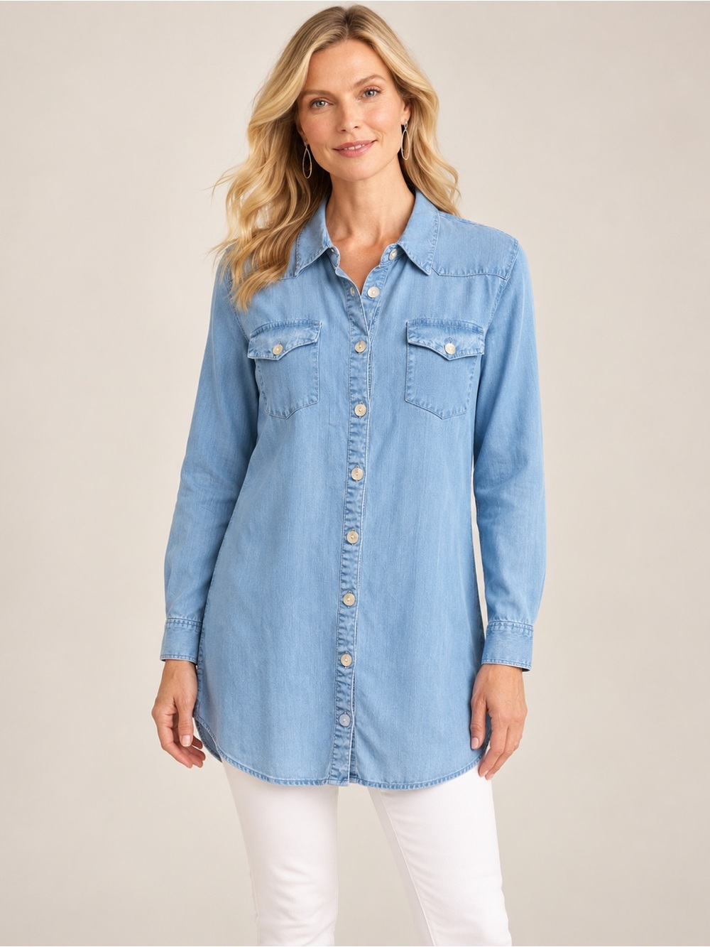 Soft Surroundings Island Breeze Tencel Tunic Shirt M Blue Chambray Button Down